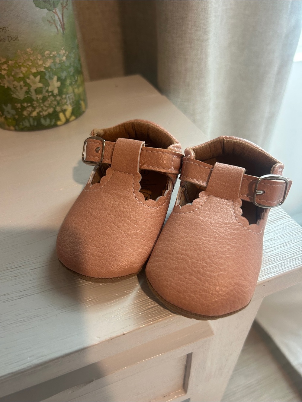 Baby T-Bar Walker Shoes in Tan Faux Leather